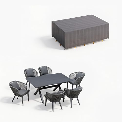 Image of PURPLE LEAF 7 Pieces Patio Dining Set with Waterproof Furniture Cover Rectangular Table and Chairs Set for Garden Deck Aluminum Frame Backyard Kitchen Set, Cushions and Pillows Included Grey