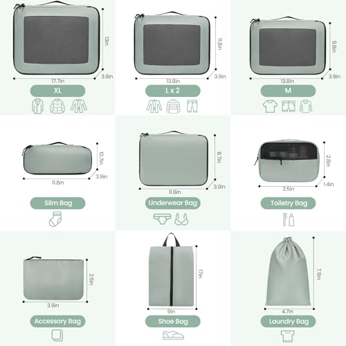 Packing Cubes for Travel |10 Set Matcha |Durable Luggage Organizer 4 Size(Extra Large, Large, Medium, Small),Comprehensive Cubes for Toiletry,Underwear, Shoe,Travel Essentials,Efficient Women Gifts2