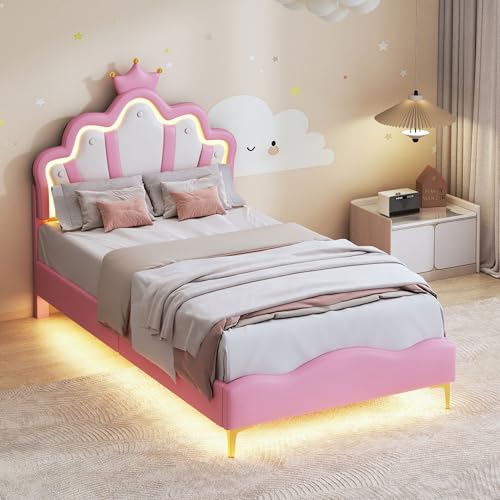 TIMORWTF - Cama infantil acolchada 90 x 200 cm, cama princesa en forma de corona, marco de camas para niños, cama doble, tiras luminosas LED ajustables y somier de láminas, PU, rosa