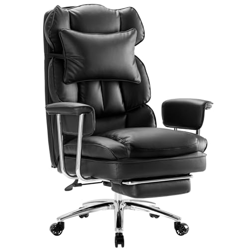 Image of Sweetcrispy Executive Home Office Desk Chair - Ergonomic Big Tall High Back with Footrest & Lumbar Support, Reclining Height Adjustable, Comfy PU Leather Computer Gaming with Swivel Wheels, Black