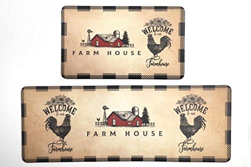 Kitchen Mat Set Of 2 Farmhouse Anti Fatigue Floor Mat,Rooster Buffalo Plaid Sunflowers Kitchen Rug Sets Pvc Leather Waterproof & Non-Slip Comfort Standing Mats For Kitchen,Sink,Office,Laundry #TOP7