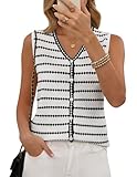 Zelroxa Women Vest Tops Crochet Knit Summer Sweater Sleeveless V Neck Striped Button Up Work Shirts Lightweight Cardigans Trendy Jackets Dressy Business Casual Blouses