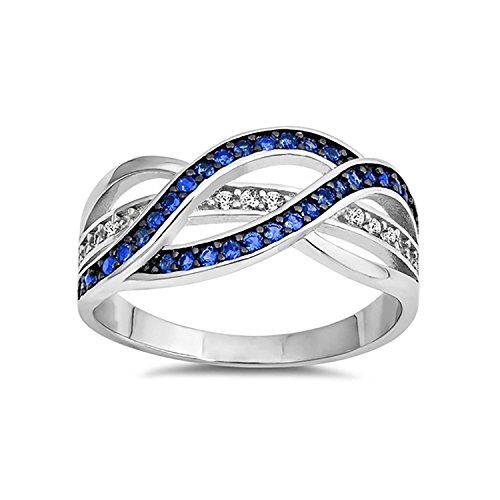 Half Eternity Weave Knot Ring Crisscross Crossover Simulated Blue Sapphire Round Cubic Zirconia 925 Sterling Silver, Size - 11