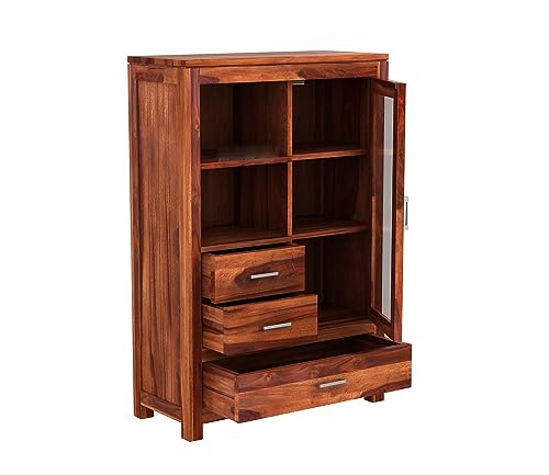 Image of Wood Book Shelf for Home Library | Wooden Book Shelf Cabinet with Acrylic Glass Door Drawer Storage | Kitchen Cabinet Crockery Unit | Books Rack for Shelves | Bookcases, Honey Finish