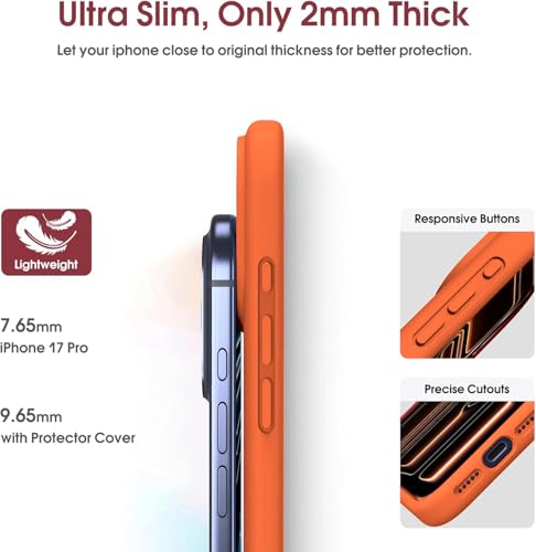Image of DIZORO Compatible for (iPhone 17 Pro Case) Slim Liquid Silicone Case 3 Layers Full Covered Soft Gel Rubber Phone Case Protective Cover (Cosmic Orange)