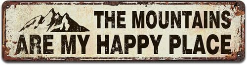 Horienteeon The Mountains Are My Happy Place Sign 10x40cm Rustic Metal Tin Signs Vintage Wall Decor for Home Bar