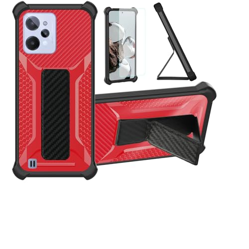bojioderf Funda para Realme C31 Funda Carcasa Case Cover [con Protector de Pantalla de Cristal Templado] Híbrida [Soporte Plegable Magnético] [Esmerilado antihuellas] Rojo