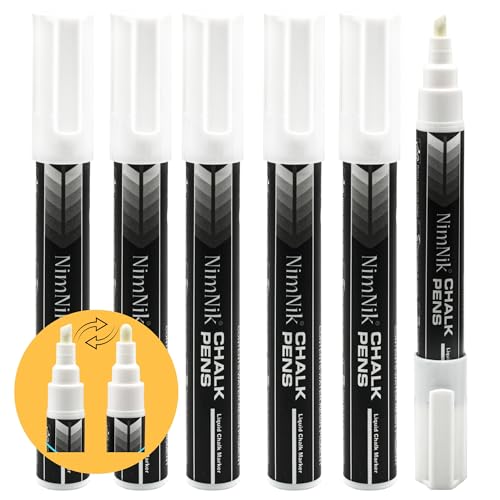 NimNik Chalk Marker Pens White - 6mm Reversible Nib - Wet Wipe Liquid Chalk Pens for Glass Windows - 6 Pack