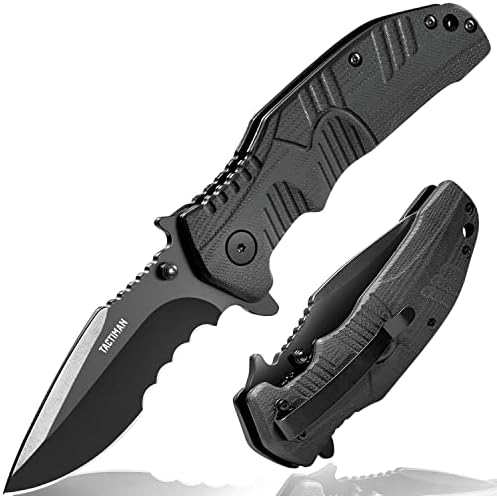 TACTIMAN Pocket Folding Knife Survival Gear Tactical Knife with Liner Lock Stainless Steel Blade in Black Oxidation G10 Handle Reversible Pocket Clip Gifts for Men Dad Husband