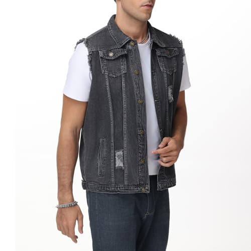 Image of NASKY Men's Fit Retro Ripped Denim Vest Sleeveless Jean Vest and Jacket