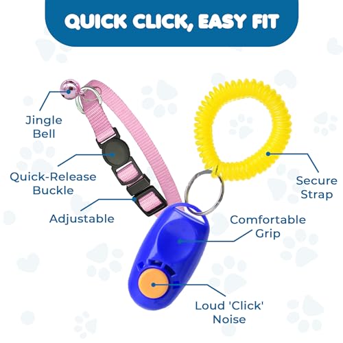 Image of SunGrow Puppy Collars & Training Clickers, Dog Behavioral Management and Positive Reinforcement Tools, Multi-Colored (Blue, Pink, Green, Grey, Black), with Stretchable Wristband, 5 Pairs per Pack