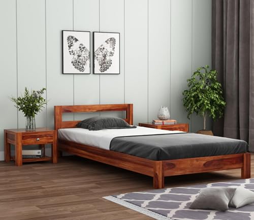 Image of CRAFT D ARTS Sheesham Wood Single Size Bed Without Storage | Wooden Single Bed | Space Saving Low Floor /Lying /Rise /Level /Profile Cot Bed for Bedroom | Pavlich, Honey Finish