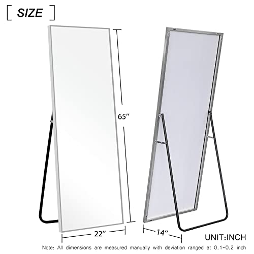 Image of NeuType Full Length Mirror, 65 inch x 22 inch Aluminum Alloy Frame Floor Mirror with Stand, Mirror Full Length, Free Standing or Wall Mounted or Leaning Against Wall, Brushed Silver