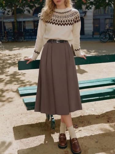 Image of Casly Lamiit A-Line Midi Skirts for Women Business Skirt | Elastic High Waisted, Pleated with Pockets, Work Skirts Casual