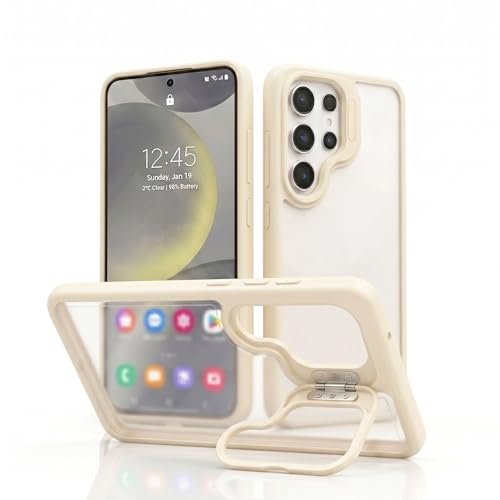 Image of amazon basics Frosted Matte Case for Samsung Galaxy S25 Ultra 5G | Built-in Flip-Out Camera Lens Stand | Translucent Back with Contrast White Bumper | Shockproof Protective Cover