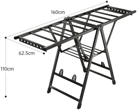 Free-Standing Laundry Drying Rack, 2-Tier Foldable Clothes Drying Rack with Height-Adjustable Gullwings, Aluminum Laundry Rack Folding Airer for Clothes Towels Linens