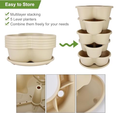 3-Pack 5 Tier Vertical Planters Stackable Gardening Planter for Strawberries, Flowers, Herb and Vegetables, White