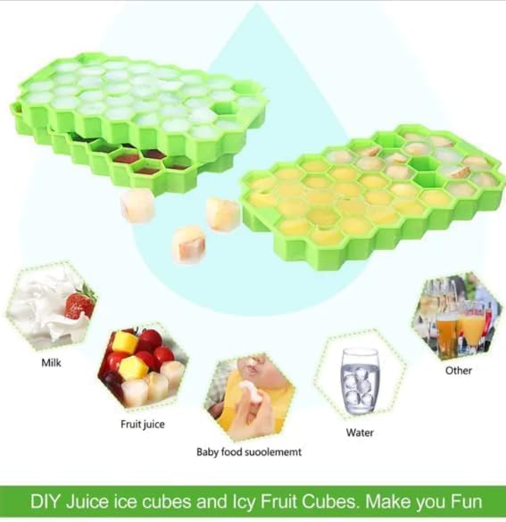 Image of KEMETHY Flexible Silicone Honeycomb 37 Cavity Ice Cube Tray with Lid for Freezer Moulds Small Cubes Whiskey Fridge Bar Soft Ice Cube Tray -Color May Vary-Pack of 2 (37 Cavity) (Green)