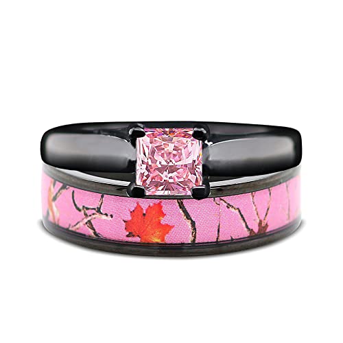 Pink Womens Black Camo Wedding Rings Set Stainless Steel Engagement Rings