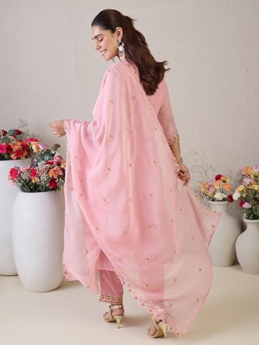 Image of INDO ERA Women's Straight Organza Floral Embroidered Kurta & Pant with Dupatta Set (IESTR9806)