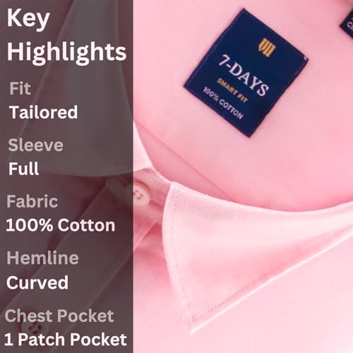 Image of 7-DAYS Men's 100% Cotton Full Sleeve Shirt for Men | Premium Plain Shirt | Tailored Fit (Between Slim & Regular) | Stylish Office & Casual Wear | with Pocket