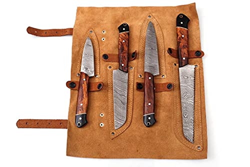Professional Kitchen Knife Custom Damascus Steel Chef Knife 4 Pcs Of Utility Bbq Knife| Cutlery Set With Ross Wood And Buffalo Horn Handle With Leather Roll Case, Overall 8.5 -13 Inches #TOP1