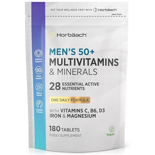 Multivitamin Tablets for Men 50 Plus | 180 Count | One-a-Day Formula | 28 Essential Nutrients | with Vitamin C, B6, D3, Iron and Magnesium | Vegan | by Horbaach