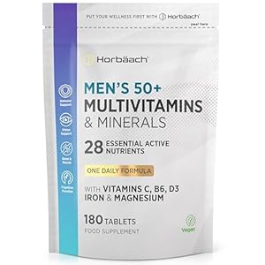 Multivitamin Tablets for Men 50 Plus | 180 Count | One-a-Day Formula | 28 Essential Nutrients | with Vitamin C, B6, D3, Iron and Magnesium | Vegan | by Horbaach