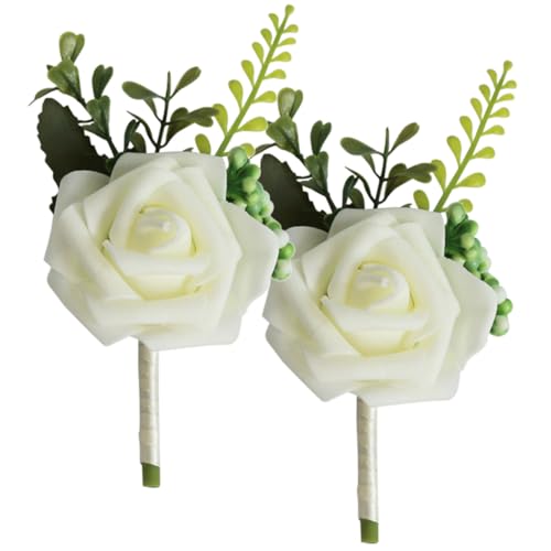 SEWACC Ramillete de Flores Artificiales para Novio y Padrino, Color Crema, 1 Par, Decoración para Bodas y Ceremonias, Accesorio Floral Elegante para Traje y Evento Formal