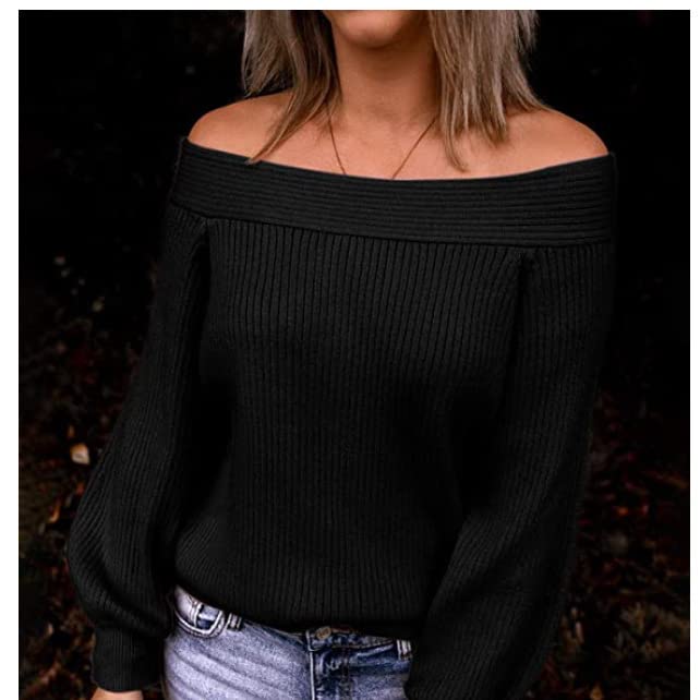 ANBID Women's Casual Off-The-Shoulder bat Wing Sweater Long Sleeve Oversized Rib Loose V-Neck Pullover Knitted Pullover2