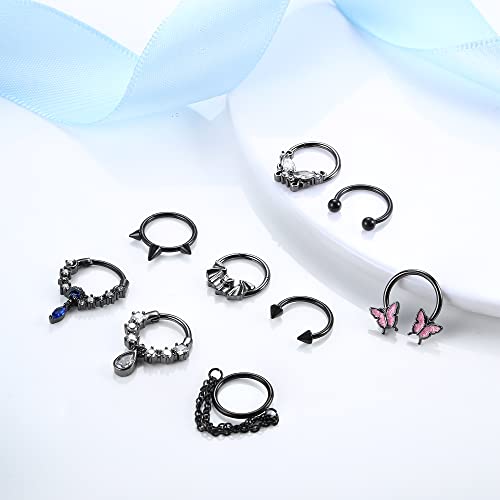 Sanfenly 9Pcs 16G Septum Rings for Women Men Stainless Steel Dangle Septum Jewelry Blue Planet Teardrop CZ Butterfly Bat Spiked Daith Earrings Hoop Nose Rings Cartilage Helix Septum Piercing Jewelry3