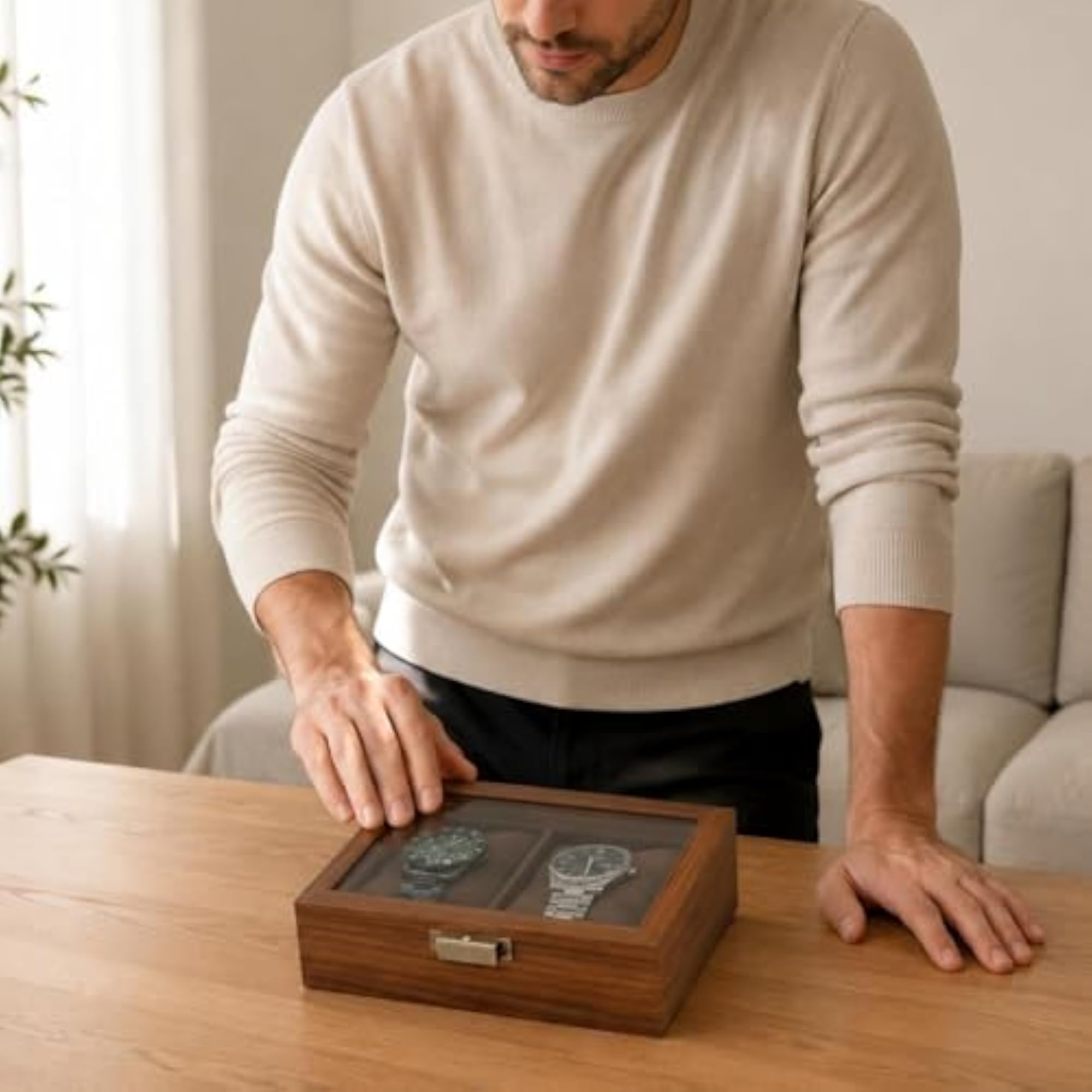 Padded Slots Wooden Watch Box with Divided Interior
