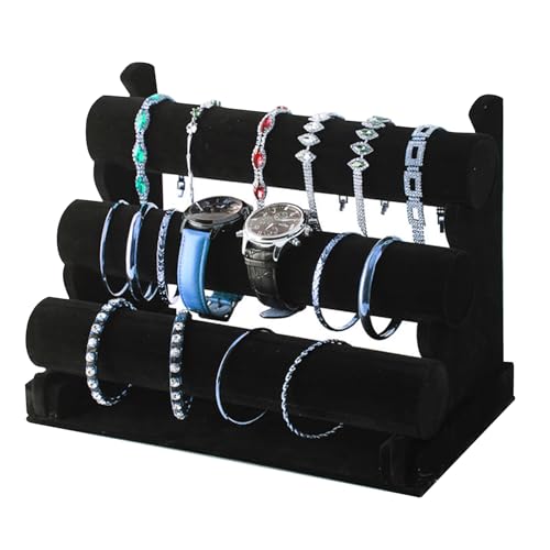 Shengxi Expositor de Pulseras de Terciopelo Soporte de Pulsera de Terciopelo de 3 Niveles Negro Soporte Relojes Pulsera con Barras Desmontables Exibidor para Joyas Relojes Pulseras Tobillera