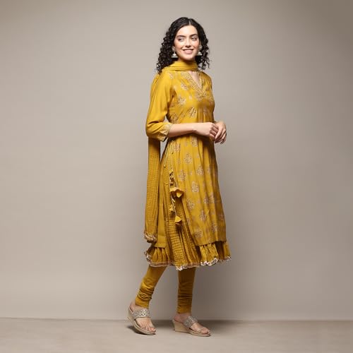 Image of BIBA Women Silk Layered Kurta Churidar Suit Set