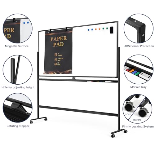 Image of Large Dry-Erase Rolling Magnetic Whiteboard - 70 x 36 Inches White Board Height Adjust Double Sides Mobile Portable Easel on Wheels, Dry Erase Board with Stand for Office, Home & Classroom