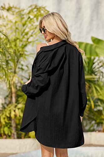 runcati womens button down shirts linen cotton long sleeve blouse tunic tops cover up shirt loose beach bikini dress