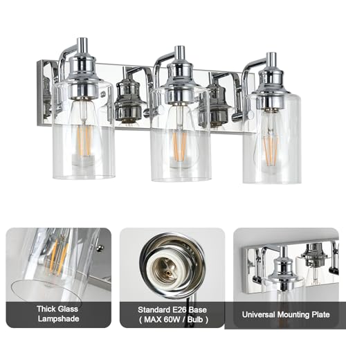 Image of 3-Light Bathroom Light Fixtures Modern Chrome Vanity Lights for Bathroom Lighting Fixtures Over Mirror for Cabinet Mirror Bedroom Hallway