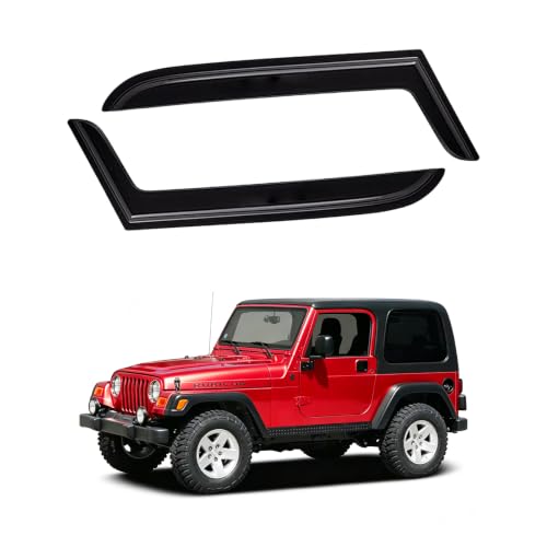 Image of Rain Guards Window Visor for 1997-2006 Jeep Wrangler (TJ) 2-Door | Out-Channel Shields Vent Deflector Shade Wind Dark Smoke 1998 1999 2000 2001 2002 2003 2004 2005, Tape-On Outside-Mount, 2PCS