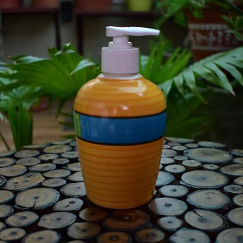 Image of Ceramic Liquid Soap Dispenser, 300 ml, Yellow Blue Green | Refillable Pump Bottle for Hand Wash, Lotion, Shampoo & Kitchen Use, 2 Pieces