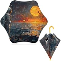 Mnsruu Astronaut Planet Kid Umbrella UV Protection Windproof Stick Umbrella with Curved Handle for Girls Boys