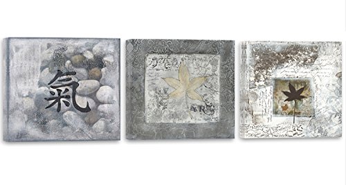 Feeby Frames, Cuadro en lienzo - 3 partes - Panorámico, Cuadro impresión, Cuadro decoración, Canvas 120x40 cm, SIGNO CHINO, PIEDRAS, HOJAS, ZEN, GRIS