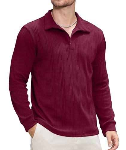 PRIVIMIX Mens Knit Textured Polo Shirts Long Sleeve Fashion Polo Sweater Stretchy Pullover Sweaters for Men Casual Golf Shirt
