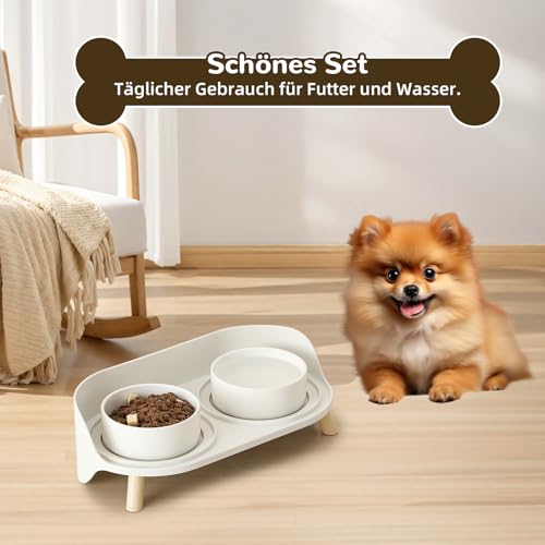 Hundenapf Set Erhöht Hunde Napfset - Doppel Fressnapf Hund Keramik mit Spritzschutz Ständer - Hundenäpfe 2er Set für Futter und Wasser - Futterstation für Kleine Hunde und Katzen - 2 x 300 ml - Weiß