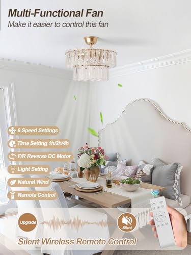 Image of Gold Crystal Fandelier Ceiling Fan with Light, 20 inch Caged Chandelier Ceiling Fan with Light Remote Control, Mid-Century Enclosed 6 Speeds for Bedroom, Nursery, Living Room, Foyer