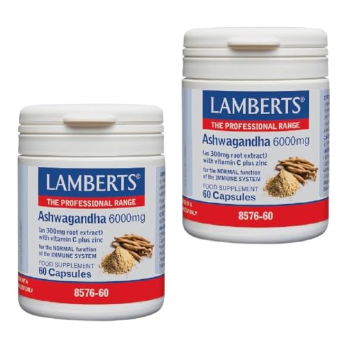 Pack x2 | Lamberts Ashwagandha, Cápsulas Vegetarianas con Extracto de Raíz, Vitamina C y Zinc, Para Sistema Inmunitario, 60 Cápsulas | LAMBERTS