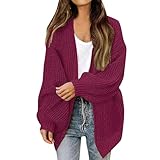 VgguDoe Strickjacken für Damen,Cardigan Damen Lang,Strickjacke Mädchen,Offene Front Grobstrickjacke Frauen,Strickjacke mit Laternenärmeln für Women,2025 Elegant Herbstpullover rot S