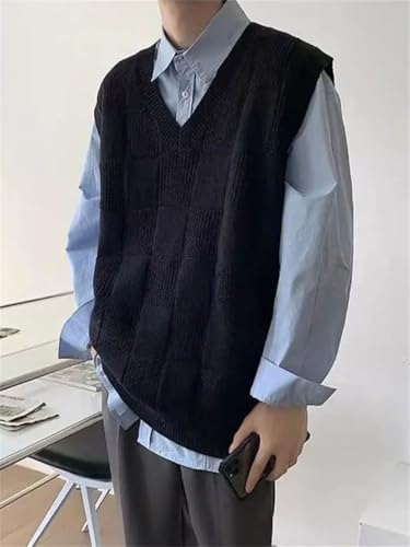 Men's Clothing Long Plaid Knit Sweater Loose Fit Vest Sleeveless Waistcoat Japanese Retro Vest4