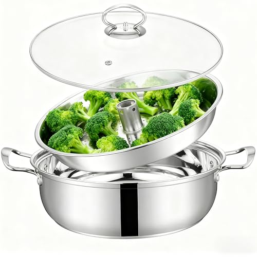 Broccoli Steamer Pot for Stovetop with Central Steam Vent – Stainless Steel Vegetable Steaming Pot with Perforated Basket and Glass Lid – Single-Layer Steamer for Broccoli and Greens by Eiqijci - Used condition - US$18.64