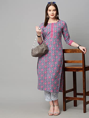Image of ANNI DESIGNER Women's Cotton Blend Printed Straight Kurta With Pant