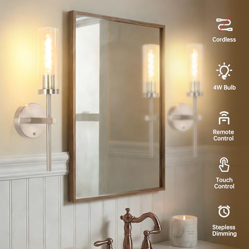 Shenmoyl Battery Operated Wall Sconces Set of 2, Nickel Rechargeable Wall Lighting Fixtures, Dimmable Wall Lights with Remote & Clear Glass Shade for Living Room, Bathroom,Bedroom by Shenmoyl - Used condition - Image 8